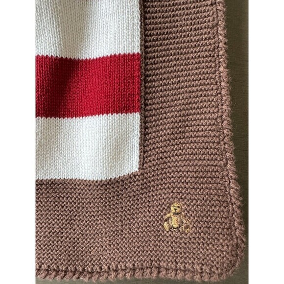 Baby Gap Red White Stripe Cotton Knit Blanket Brown Trim Brannan Teddy Bear 2007 - Picture 4 of 6